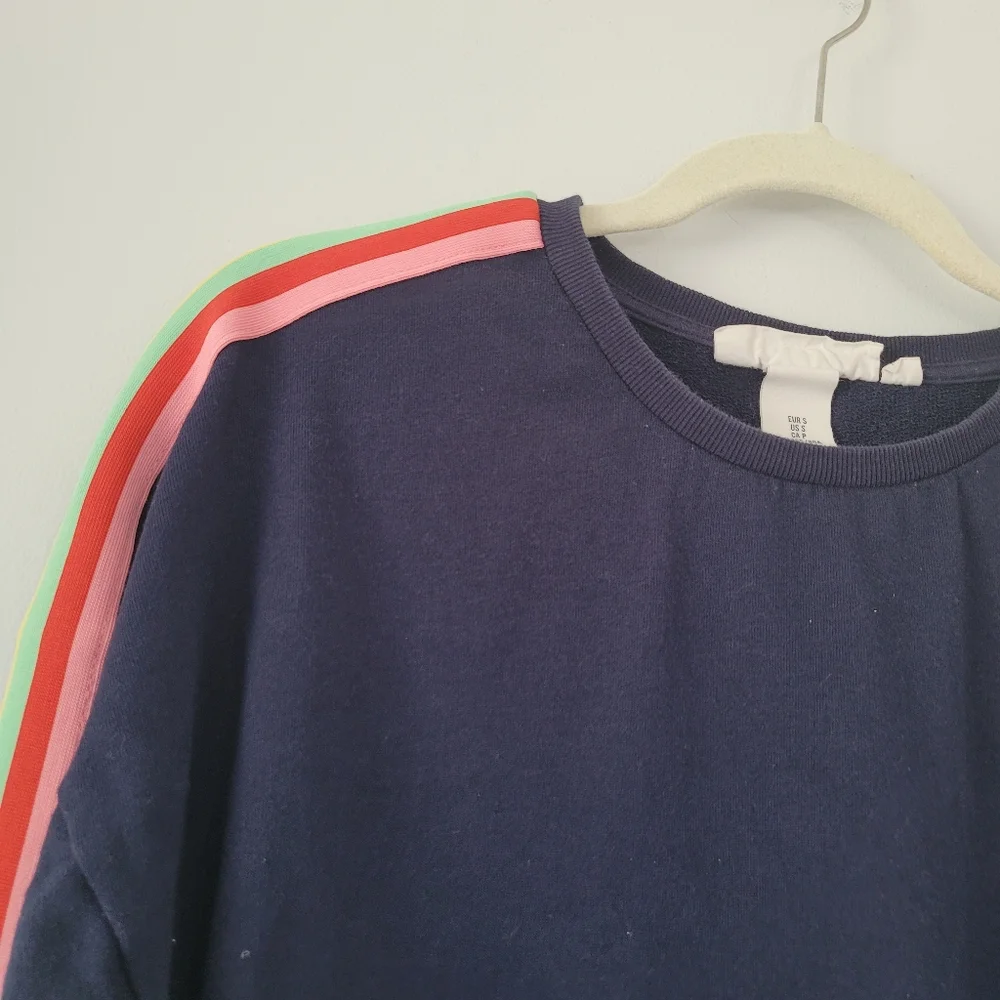 H&M L.O.G.G. Rainbow Striped Long Sleeve Crew Neck Dark Blue Sweatshirt - Picture 3 of 9